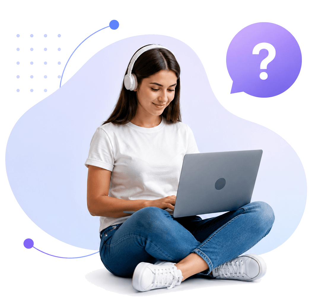 FAQs_fondo_transparente_3 Estudiante con su portátil resolviendo dudas sobre los cursos