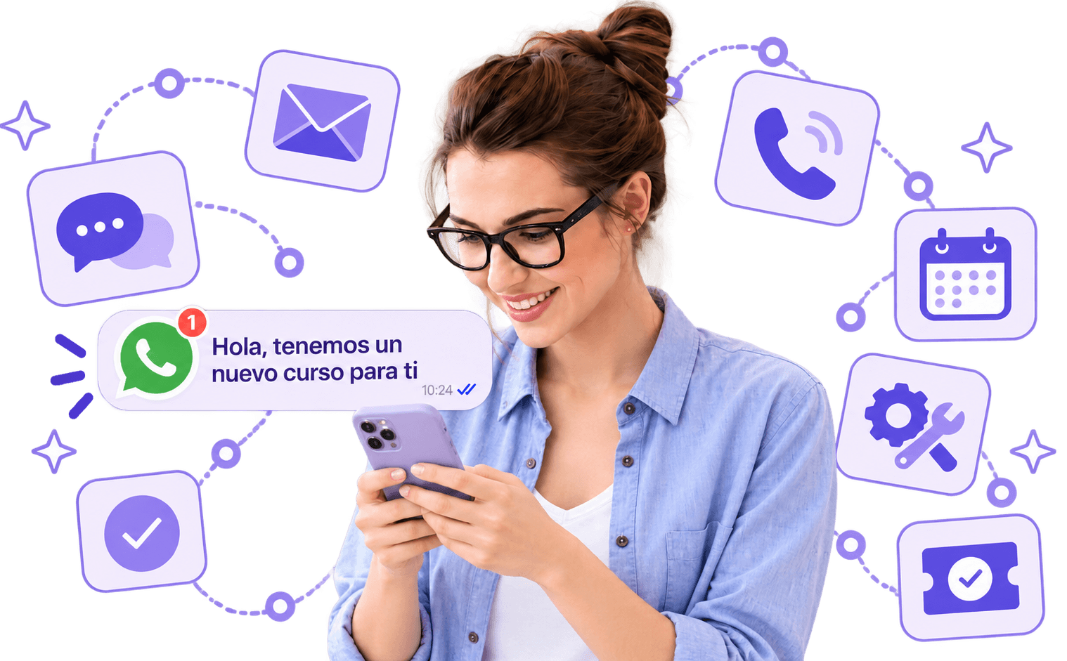 Chica Whapp Mujer recibiendo por WhatsApp el aviso de un nuevo curso