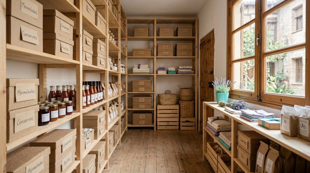 Pequeño almacén ordenado con estanterías de madera y cajas etiquetadas a mano