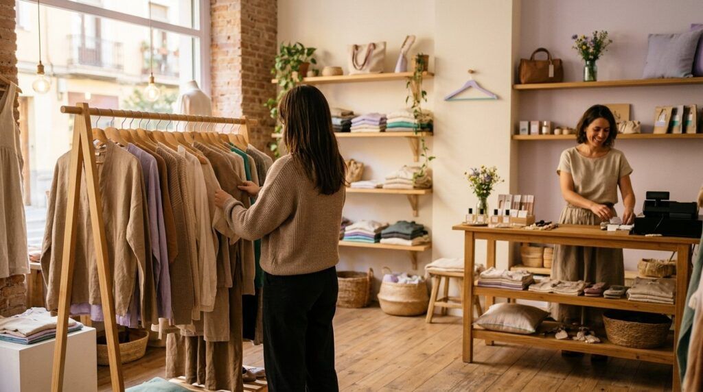 Clienta mirando ropa en una pequeña tienda mientras la dependienta ordena el mostrador al fondo