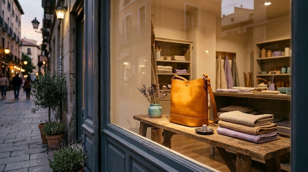 Escaparate de una pequeña tienda al atardecer con un bolso de piel como producto protagonista